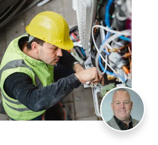 Person in a hard hat and yellow vest working on wires with a small headshot overlaid on the bottom right corner