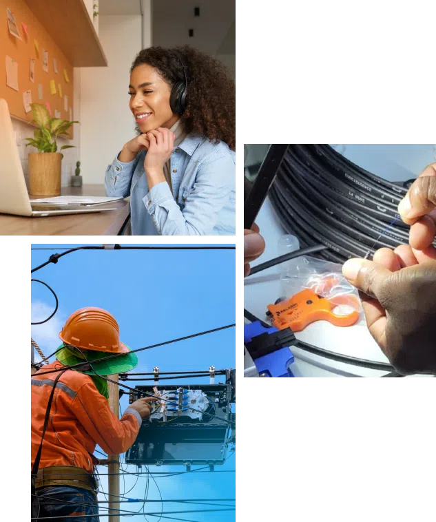 Three images in a mosaic layout showing a person smiling at their laptop screen, a person on a ladder interacting with wires, and a closeup of hands working with a spool of wire